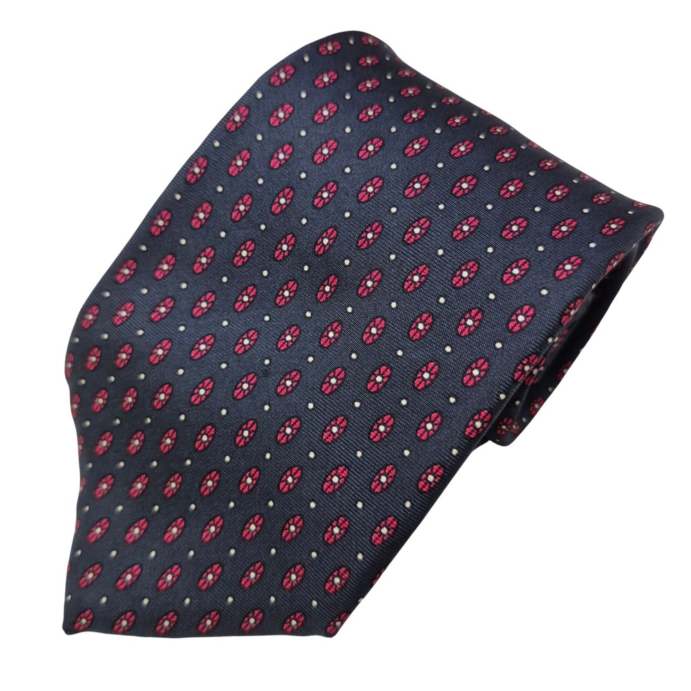 Hardy Amies London Necktie Mens Navy Blue Red Medallion Silk Vintage Business